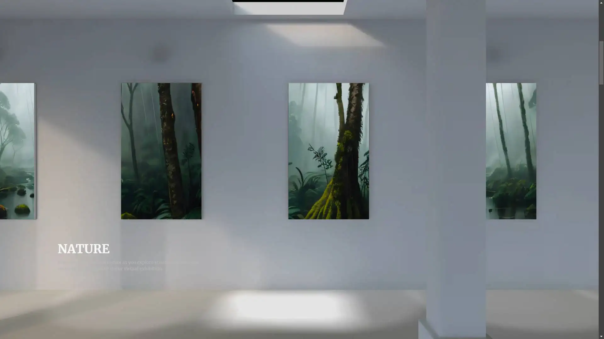 Interactive 3D gallery featuring a wolf, an astronaut cat in an orange spacesuit, and a serene mountain landscape.