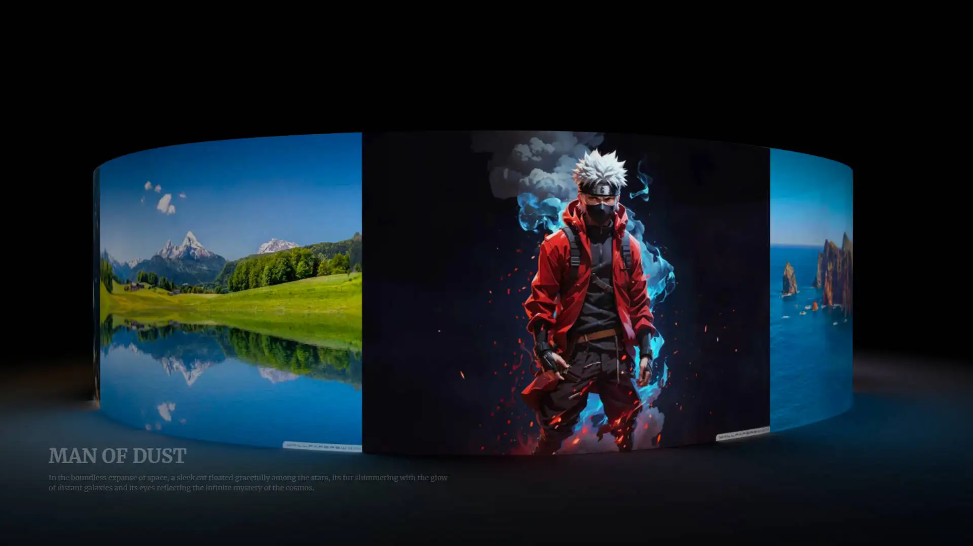 Interactive 3D gallery featuring a wolf, an astronaut cat in an orange spacesuit, and a serene mountain landscape.