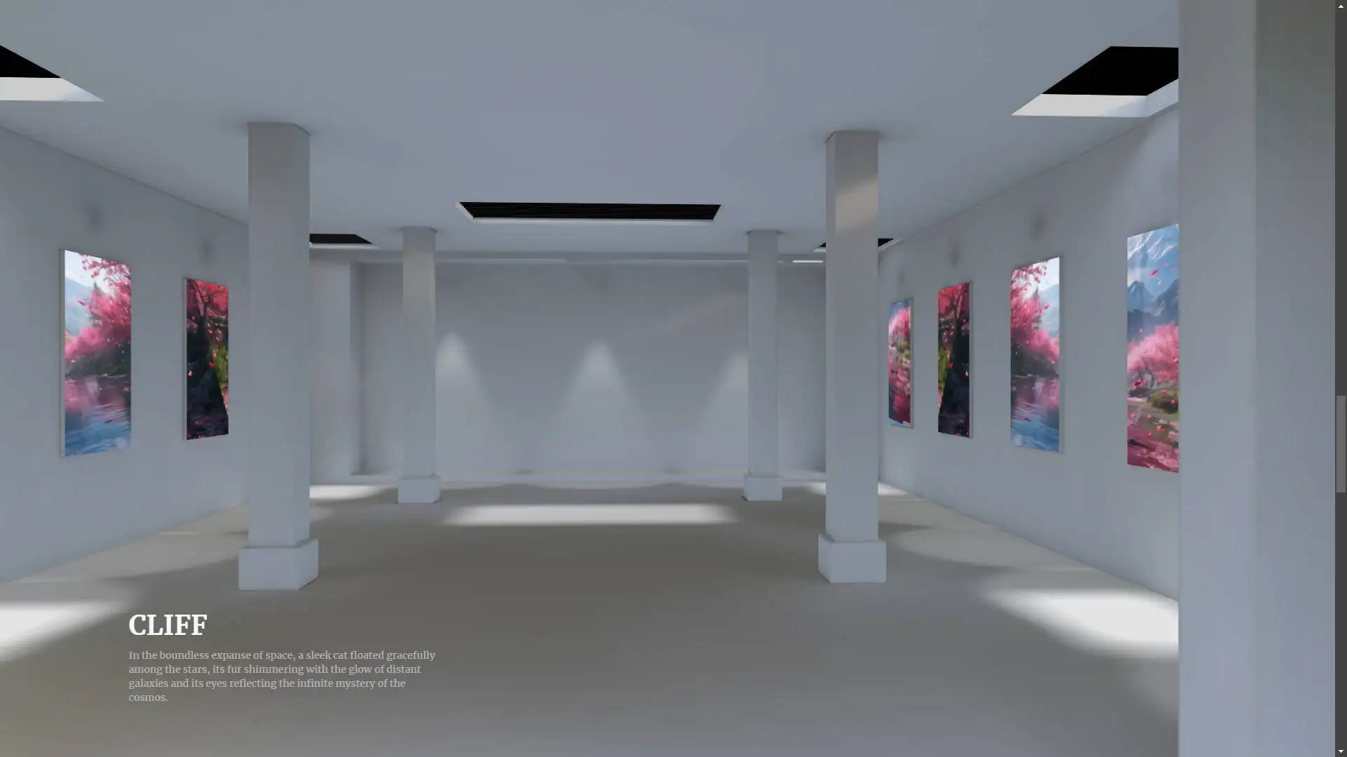 Interactive 3D gallery featuring a wolf, an astronaut cat in an orange spacesuit, and a serene mountain landscape.