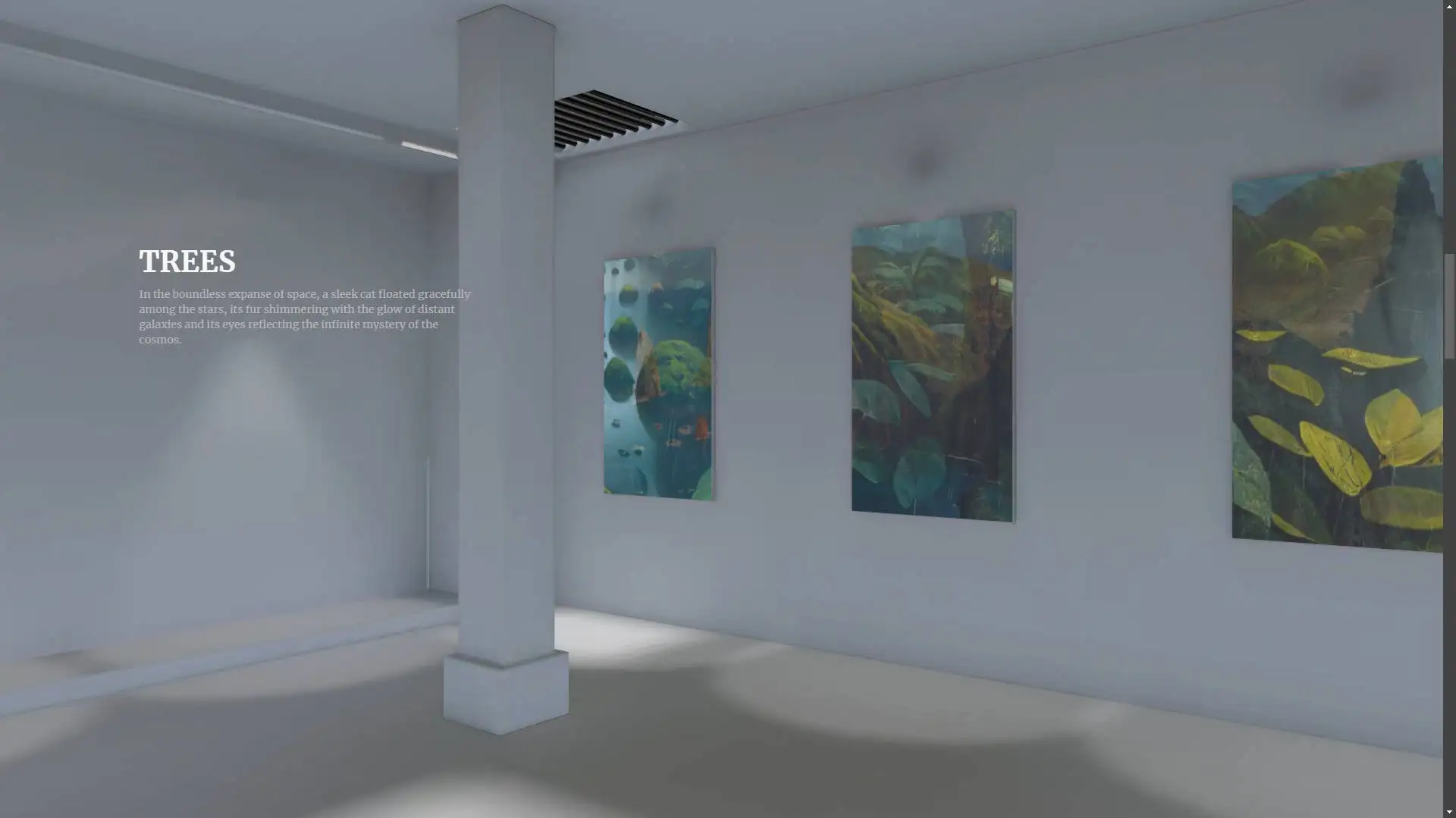 Interactive 3D gallery featuring a wolf, an astronaut cat in an orange spacesuit, and a serene mountain landscape.