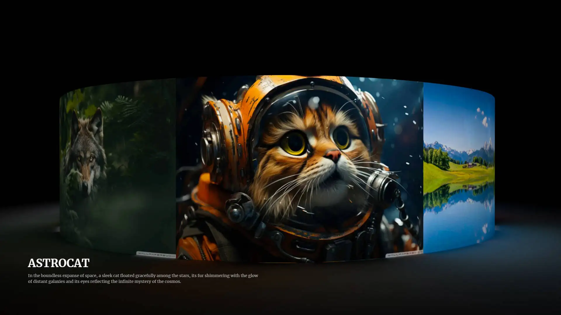 Interactive 3D gallery featuring a wolf, an astronaut cat in an orange spacesuit, and a serene mountain landscape.