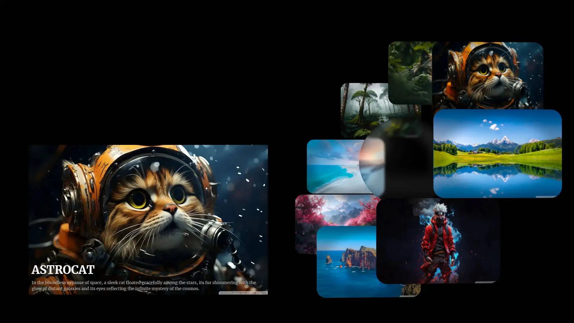 Interactive 3D gallery featuring a wolf, an astronaut cat in an orange spacesuit, and a serene mountain landscape.