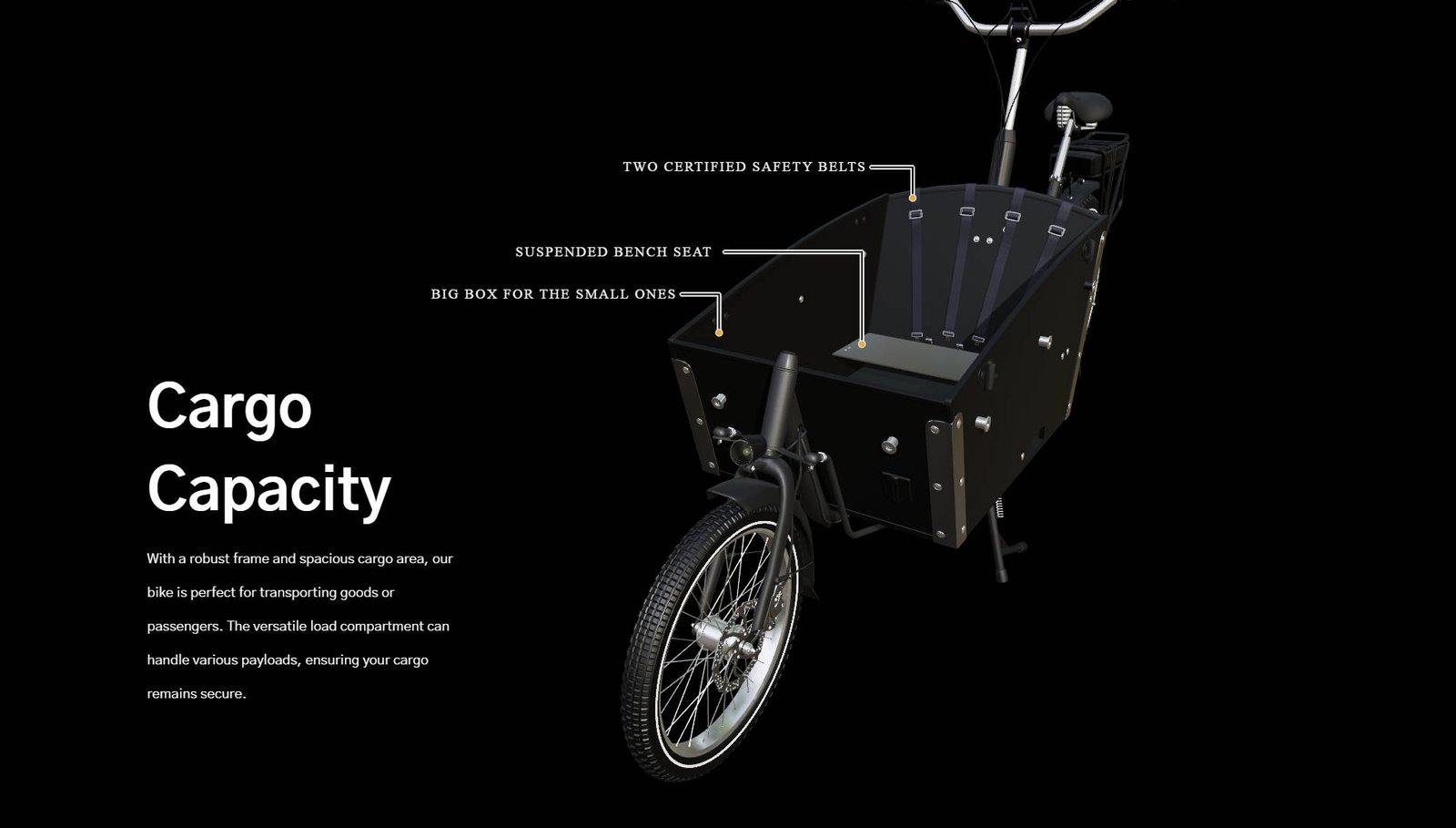 Cargo bike with safety belts, suspended bench seat, and large box for small passengers.