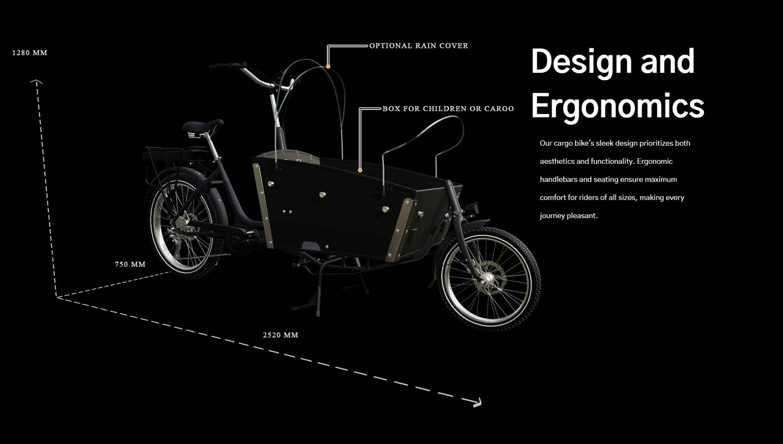 Cargo bike with safety belts, suspended bench seat, and large box for small passengers.